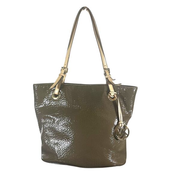 Michael Kors Brown Patent Leather Tote Bag Gold Hardware Shoulder Handbag - Picture 1 of 13